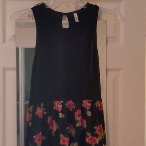 Black floral dress with lace detail on bodice